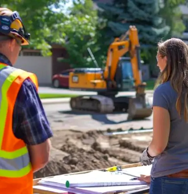 Un expert Ritzco évalue un projet avec une cliente sur le terrain